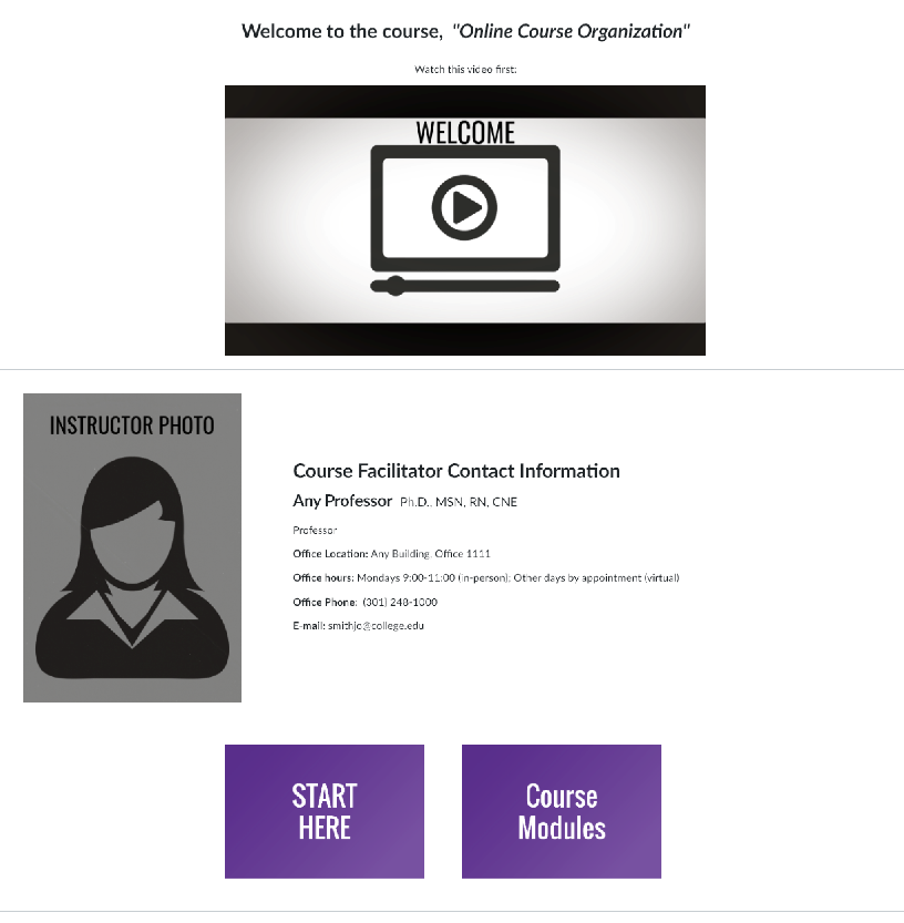 Sample home page with a welcome video, instructor contact information, and navigation buttons.