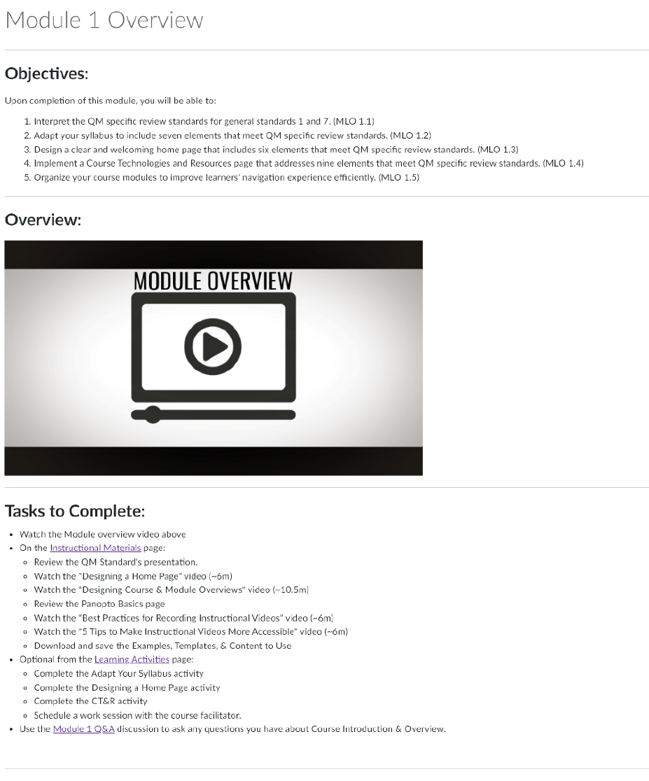 Sample module overview page with objectives, overview video, and to-do list.