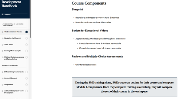 Screenshot of a course development training module outlining course components, including course blueprints, educational video scripts, and assessments, with notes on module counts and a summary of the SME training process.